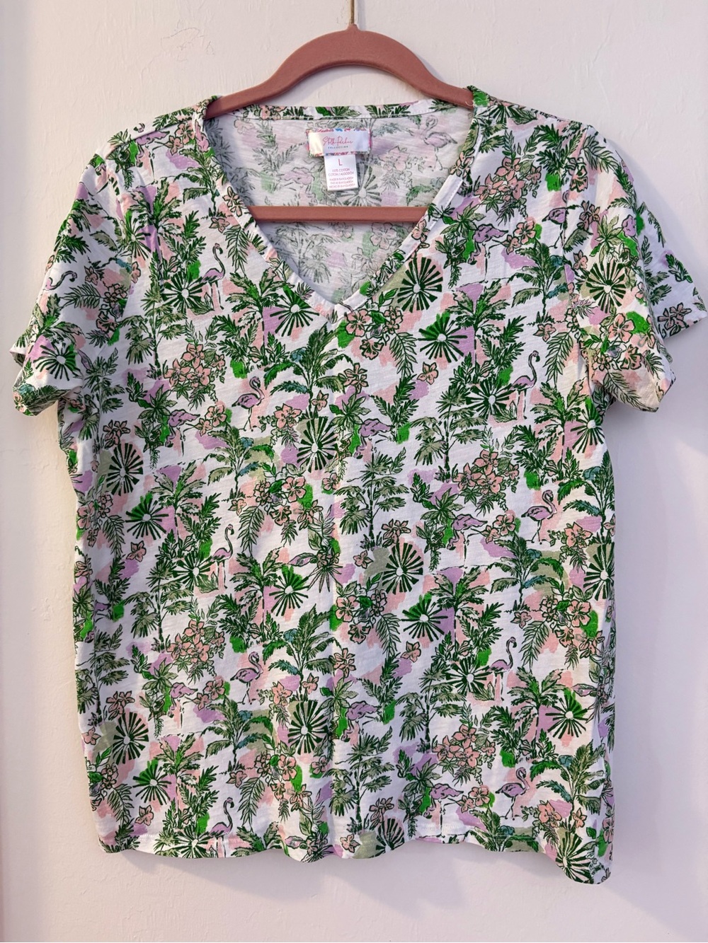 193. V-Neck Tropical Print Short Sleeve Tee — Pink & Green ptp21”L24”100percent